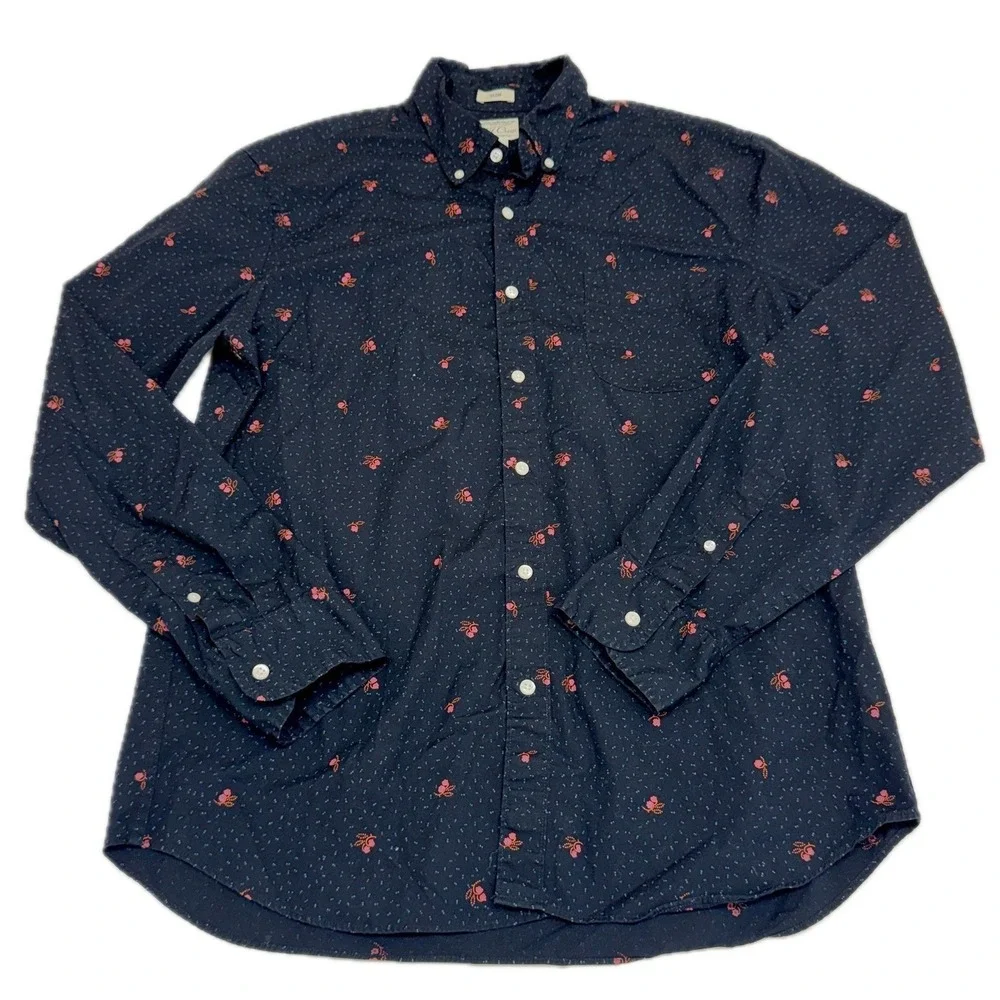J Crew Shirt Mens Large Blue Black Floral  Button Down Preppy Classic Aesthetic